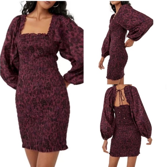 Free People Smock It To Me Puff Sleeves Mini Dress Hazelnut Combo Size Medium - Picture 3 of 16